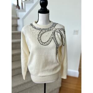 Vintage Cream Crewneck Silver Beaded Bow Sweater